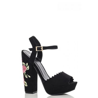 Black faux suede flower embroidered block heel sandals